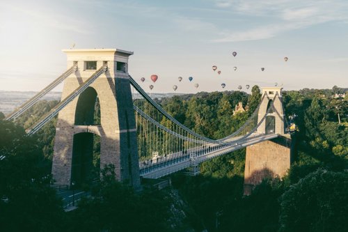 Balloons rise over the Clifton Suspension Bridge.
